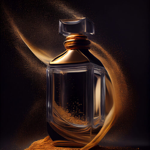 Dark glass bottle with single liquid drop ,generative artificial intelligence